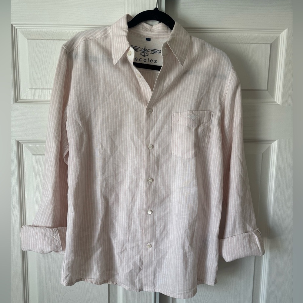 Escales Paris Linen Shirt Pink Stripe Limited Edition 274/330 Size L Resort Prep